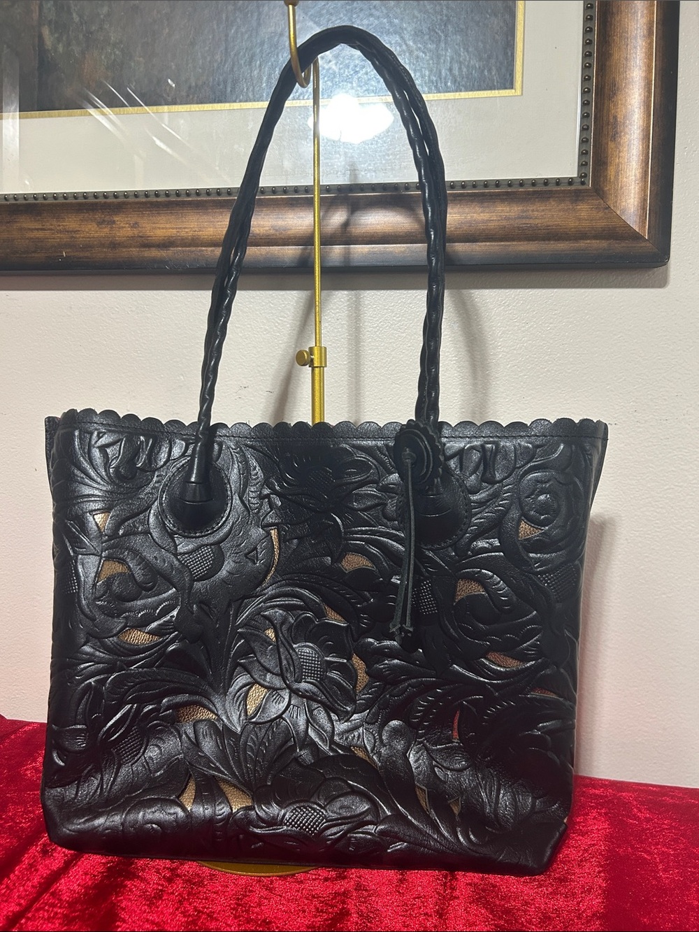 Patricia Nash Black Floral-Cutout Leather Tote